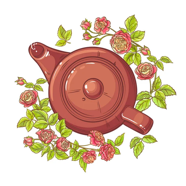 Τριαντάφυλλο Τσάι Στην Τσαγιέρα Εικόνα Άσπρο Φόντο — Διανυσματικό Αρχείο