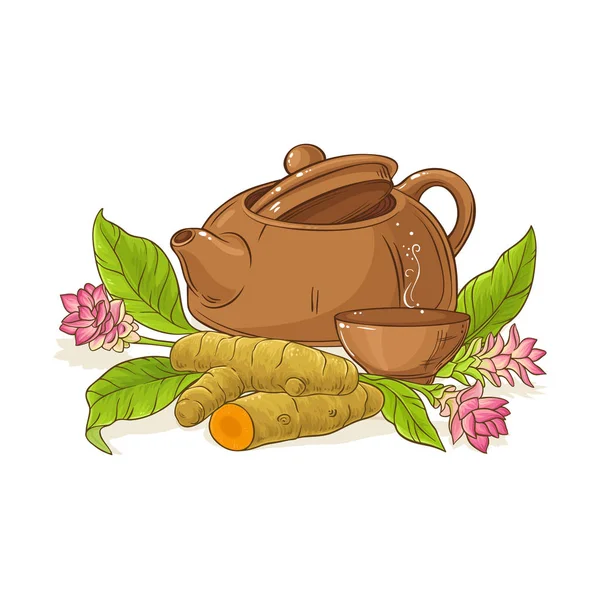 Turmeric Tea Teapot Illustration White Background — Stock Vector