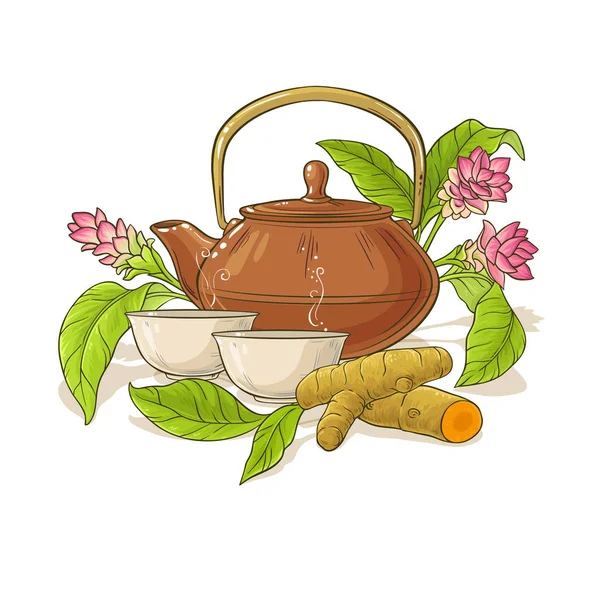 Turmeric Tea Teapot Illustration White Background — Stock Vector