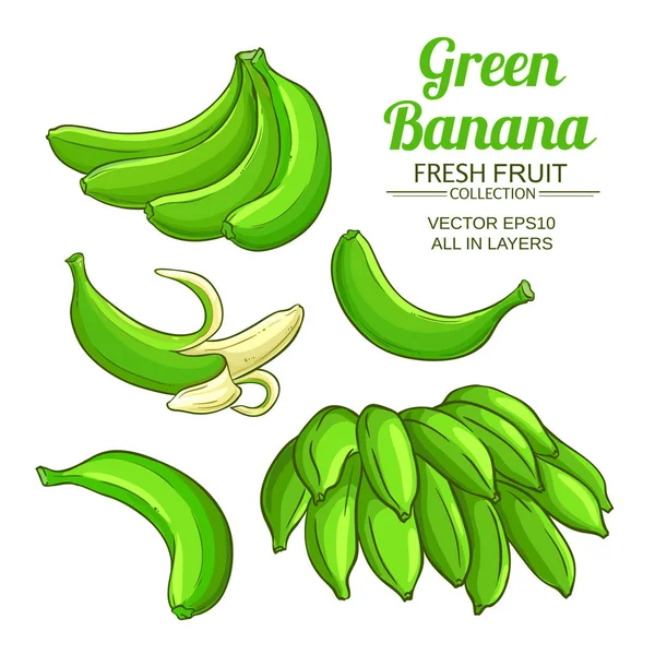 Fruta Banana Verde Definido Fundo Branco —  Vetores de Stock