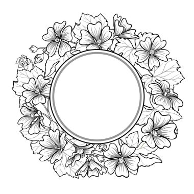 Çiçekler ve Yapraklar Taslak Yuvarlak Çerçeveli Malva Şubesi. Tasarım veya dekorasyon için izole edilmiş vektör.