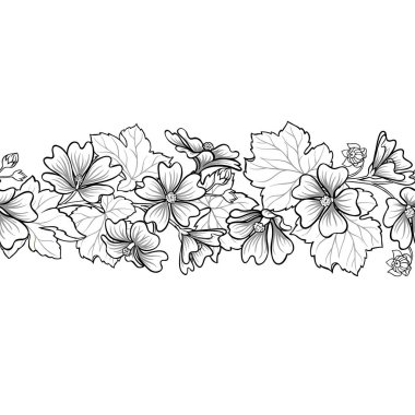 Çiçekler ve Yapraklar Derlemeli Malva Şubesi Yatay Kusursuz Desen. Tasarım veya dekorasyon için izole edilmiş vektör.