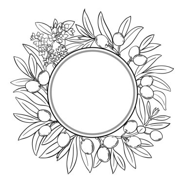 Çiçekler, Böğürtlenler ve Yapraklar Yuvarlak Çerçeveli Zeytin Şubesi. Organik doğal besin maddeleri, vejetaryen diyet ürünleri. Tasarım veya dekorasyon için izole edilmiş vektör.