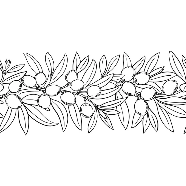 Çiçekler, Böğürtlenler ve Yapraklar ile zeytin dalı Yatay Dikensiz Desen. Organik doğal besin maddeleri, vejetaryen diyet ürünleri. Tasarım veya dekorasyon için izole edilmiş vektör.