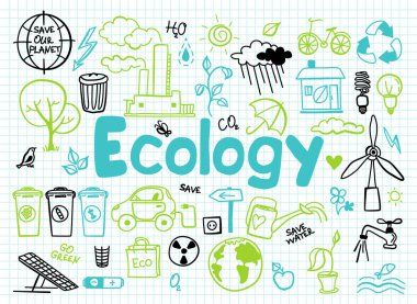 Elle çizilmiş tasarlamak vektör, ekoloji, ekoloji sorun ve yeşil enerji simgeler doodle tarzı, grafik ve web tasarımı için