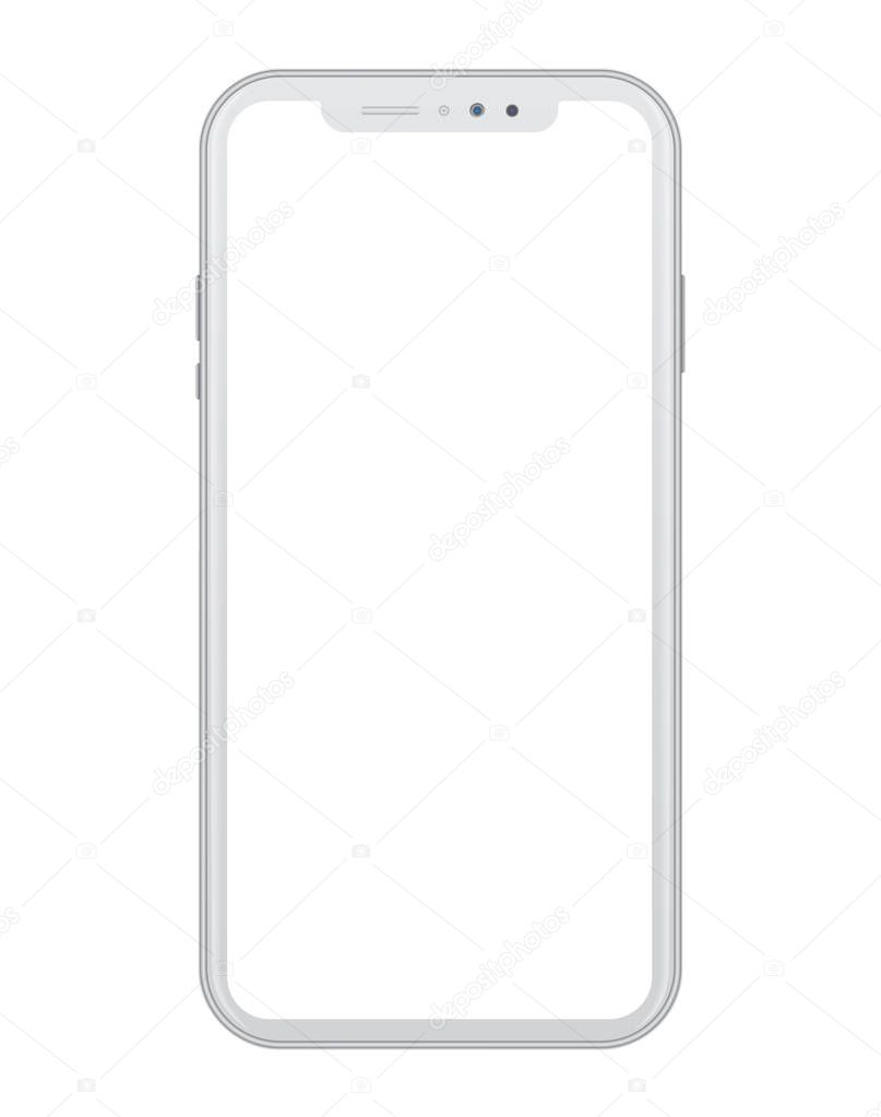 Modern white smart phone on white background. Realistic vector illustration, for graphic and web design