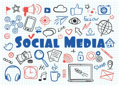 Elle çizilmiş tasarlamak vektör, sosyal medya, sosyal ağ, web communtity ve haber simgeleri doodle stil, grafik ve web tasarımı için nakil set