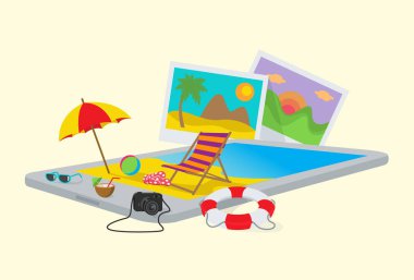 Yaz plaj soyut kavram, bir tablet PC'de 3d izometrik çizimde web tasarımı için vektör