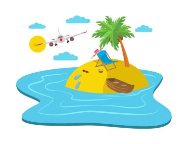 Bir plaj, seyahat eden soyut kavram, web tasarımı için 3d izometrik vektör çizim ile ada üzerinde uçan uçak