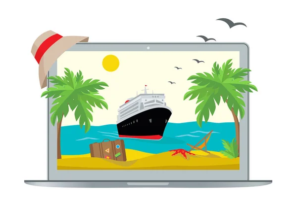 Statek Pobliżu Plaży Monitor Laptopa Podróży Pojęciem Abstrakcyjnym Izometryczny Wektor — Wektor stockowy