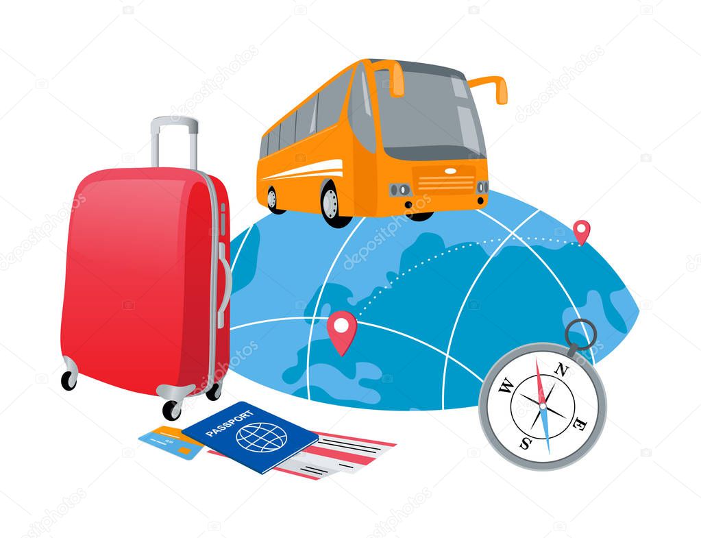 Concept of travelling around the world on a bus, journey and trip to other countries, 3d isometric vector illustration for graphic and web design
