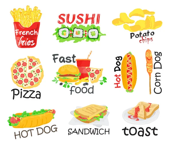 Zestaw Typu Fast Food Ilustracja Wektorowa Stylu Przypominającym Akwarele Projektowania — Wektor stockowy