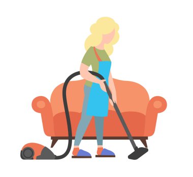 İnsanlar kavramı - kadın temizlik ev elektrikli süpürge beyaz arka planda, düz vektör çizim tarafından hafta sonu