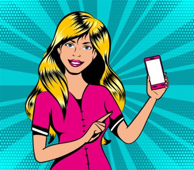 Pop sanat retro çizgi roman tarzı, vektör çizim akıllı telefon ile sarışın kız