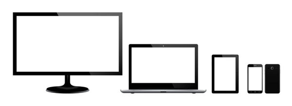 Set of black gadgets and computer devices in front side