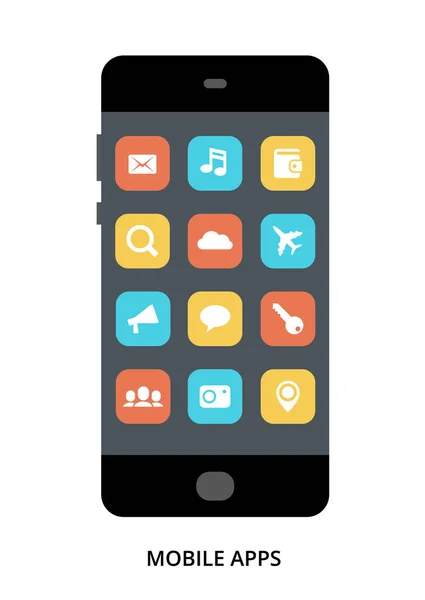 Mobiles App-Konzept auf schwarzem Smartphone mit unterschiedlichen Nutzerinte — Stockvektor