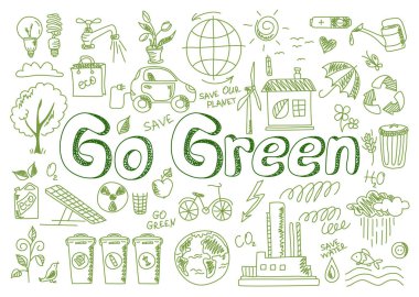 Doodle tarzında yeşil simgeler git seti