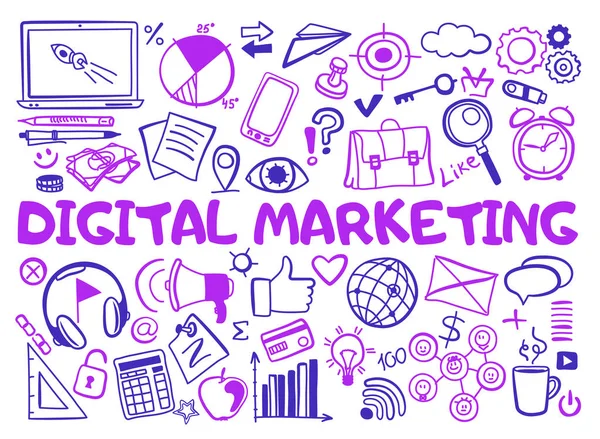 Set di icone di marketing digitale in stile doodle — Vettoriale Stock