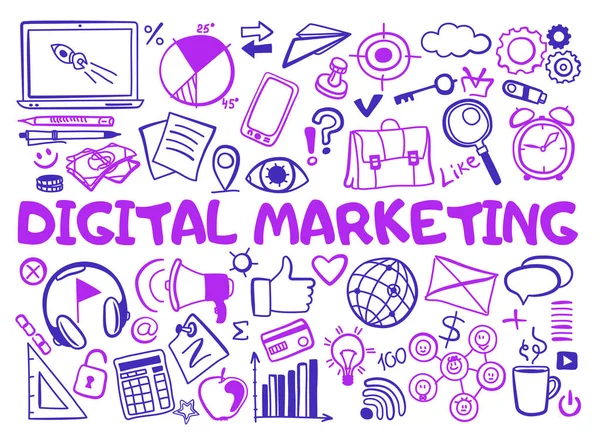 Set digitaler Marketing-Ikonen im Doodle-Stil — Stockvektor