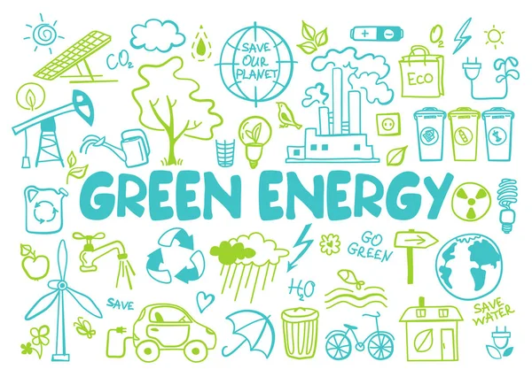 Set green energy icons in doodle style — Stock Vector