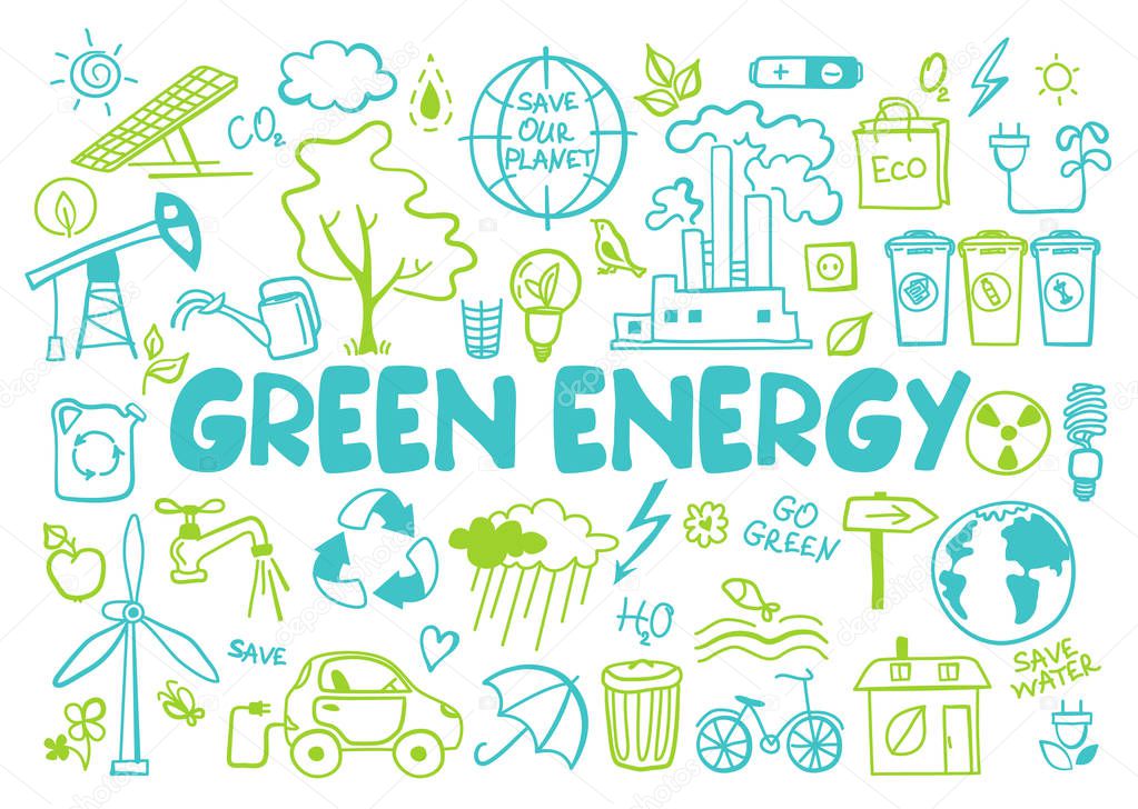 Hand drawn design vector illustration, set green energy icons in doodle style, for graphic and web design