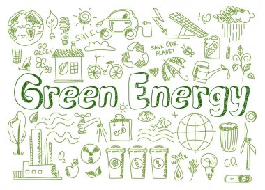 Doodle tarzında yeşil enerji simgeleri ayarlayın