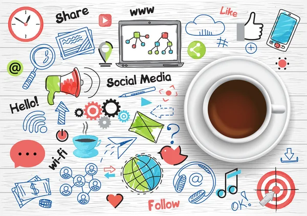 Kaffeetasse mit einer Reihe von Social-Media-Icons im Doodle-Stil — Stockvektor