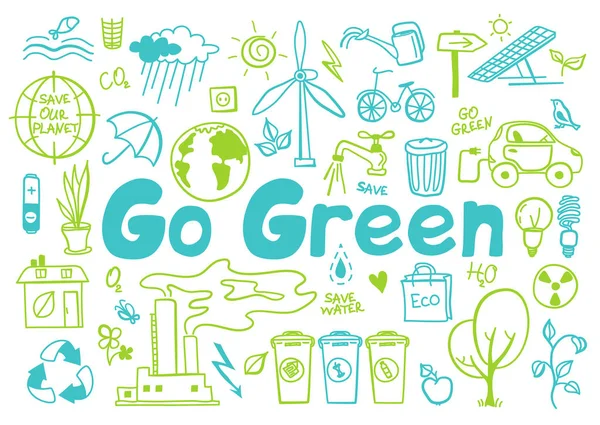 Set von Go-Green-Icons, im Doodle-Stil — Stockvektor