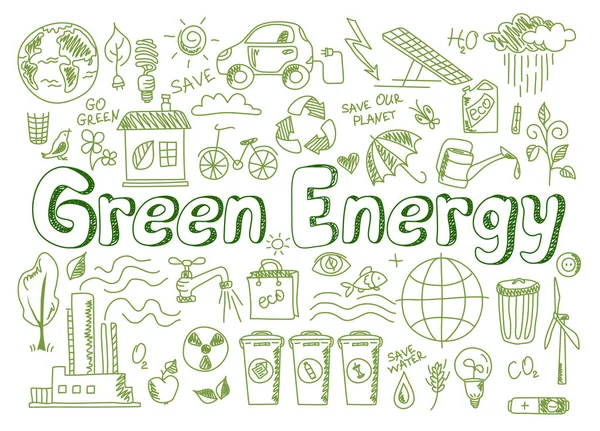 Establecer iconos de energía verde en estilo garabato — Vector de stock