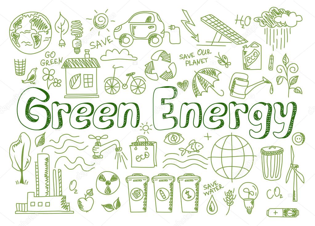 Set green energy icons in doodle style