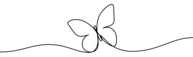 Uçan kelebek işareti. Doğanın, özgürlüğün, ekolojinin, sürdürülebilirliğin ve narin güzelliğin sembolü, aralıksız çizgi stilinde vektör çizimi, şeffaf arkaplan
