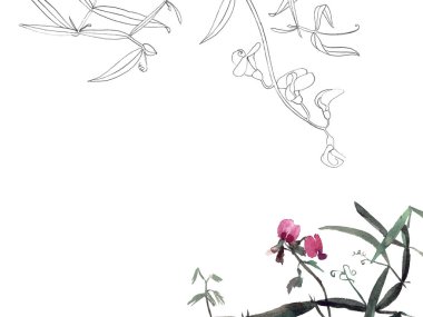 Zarif posta kartı ve suluboya ile davetiye şablonu ve tasarımınız için yabani egzotik çiçekler..