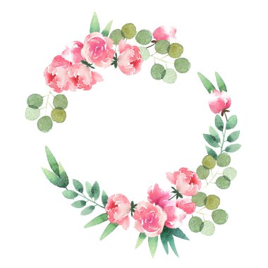 Beyaz arka plan üzerinde izole güzel suluboya çelenk. Yuvarlak çiçek suluboya çelenk için tasarım, kartpostallar, afiş, amblem, logo.