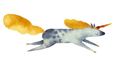 Beyaz arka plan şirin el çekilmiş suluboya tek boynuzlu at tasarım, logo, kartpostal, Tekstil ve diğer için izole.