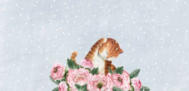Pembe peonies ve tasarım, kartpostallar, afiş için kar taneleri ile mavi arka plan üzerinde şirin suluboya şişman kedi.