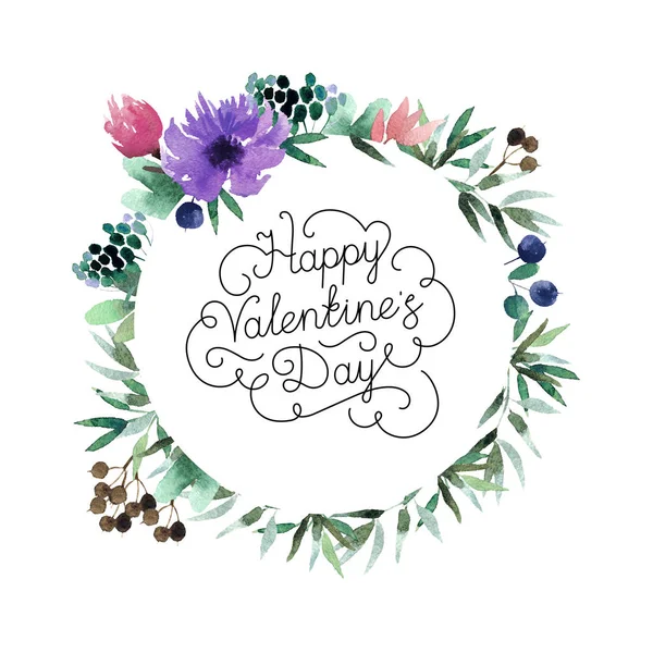 Beautiful Watercolor Wreath Happy Valentine Day Inscription Isolated White Background — Stock Photo, Image