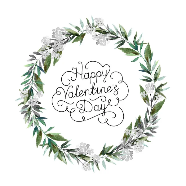 Beautiful Watercolor Wreath Happy Valentine Day Inscription Isolated White Background — Stock Photo, Image