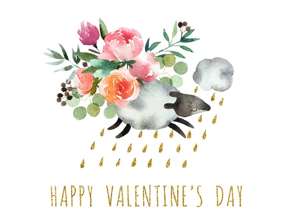 Beautiful Watercolor Bouquet Watercolor Sheep Isolated White Background Happy Valentine — Stock Photo, Image