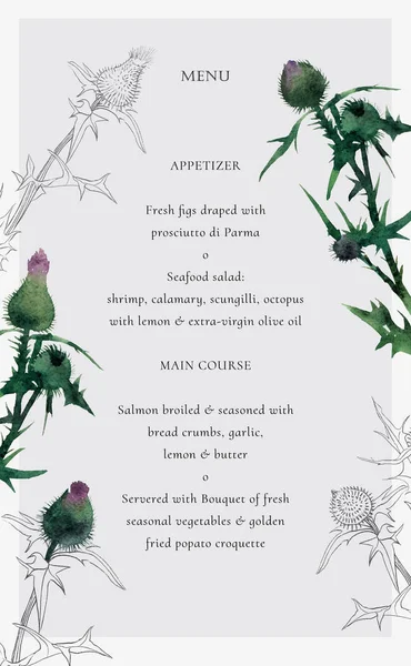 Elegant menu template with watercolor and engraving wild meadow flowers and text for your design.