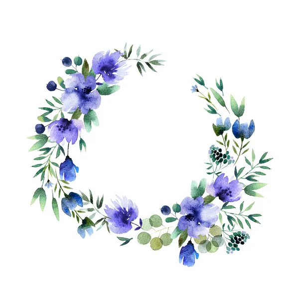 Beyaz Arka Plan Üzerinde Izole Güzel Suluboya Çelenk Yuvarlak Çiçek — Stok fotoğraf