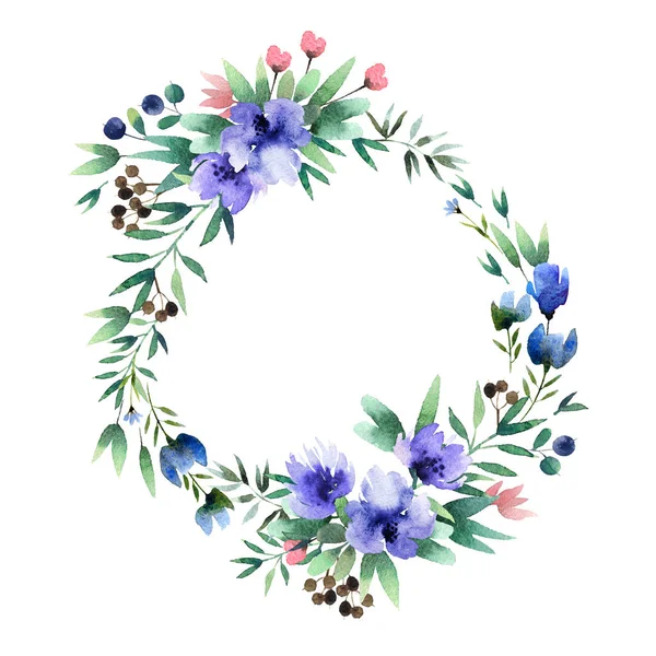 美丽的水彩花环在白色背景查出 圆形花卉水彩画花环 用于设计 明信片 — 图库照片