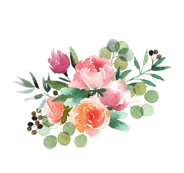 Vacker Akvarell Bukett Isolerad Vit Bakgrund Akvarell Blomsterbukett För Design — Stockfoto