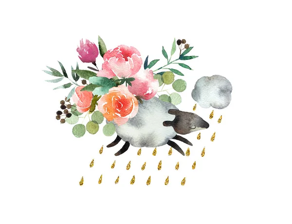 白い背景で隔離の羊の美しい水彩画花束 デザイン ポストカード エンブレム ロゴの水彩花の花束 — ストック写真