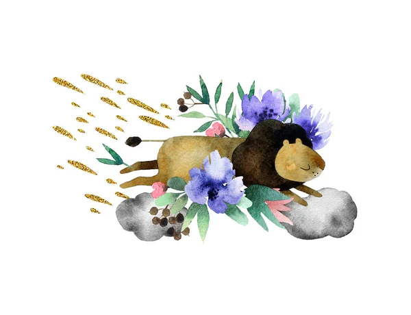 白い背景に分離されたライオンと美しい水彩画の花束 デザイン ポストカード エンブレム ロゴの水彩花の花束 — ストック写真