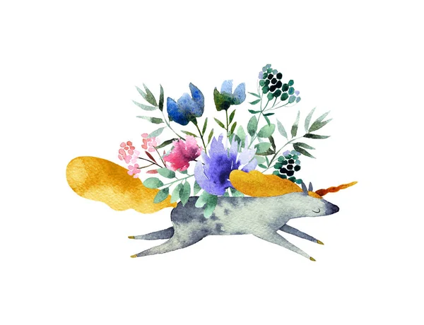 Vacker Akvarell Bukett Med Unicorn Isolerad Vit Bakgrund Akvarell Blomsterbukett — Stockfoto