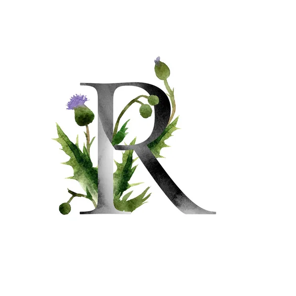 Elegante Template Monogram Met Aquarel Wilde Weide Bloemen Voor Ontwerp — Stockfoto