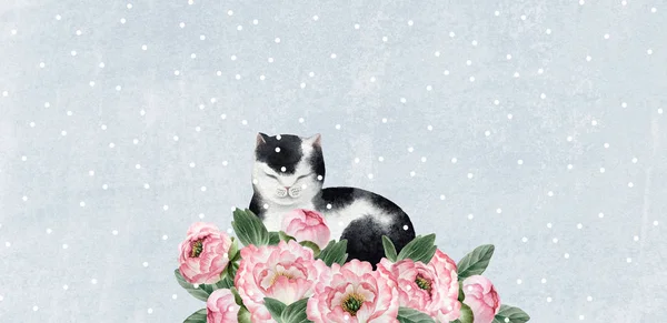 Cute Watercolor Fat Cat Blue Background Pink Peonies Snowflakes Design — Stock Photo, Image