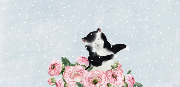 可爱的水彩肥猫在蓝色背景与粉红色的牡丹和雪花的设计 明信片 — 图库照片