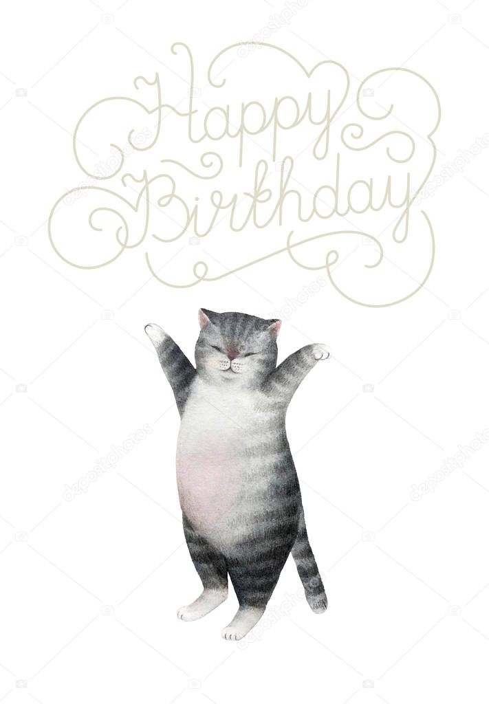 Greeting postcard with cute watercolor cat. Cat and congratulation inscription isolated on white background for design, postcards, banners.