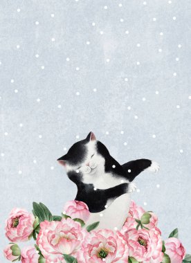 Şirin suluboya kedi ile Tebrik Kartpostalı. Yağ tasarım, kartpostallar, afiş için kar taneleri ile mavi arka plan üzerinde izole kedi.